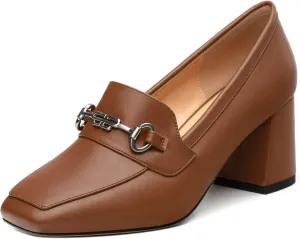 Women's Comfortable Loafers - Silver Metallic Horsebit Buckle Square Toe High Heel Shoes,Fashion Women's Pumps Shoes,Suitable for Party Dress Wedding Office