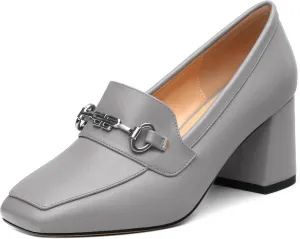 Women's Comfortable Loafers - Silver Metallic Horsebit Buckle Square Toe High Heel Shoes,Fashion Women's Pumps Shoes,Suitable for Party Dress Wedding Office