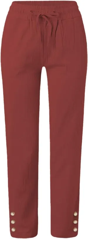 Womens Cotton Linen Trousers Trendy Solid Color Elastic High Waisted Drawstring Pants Outdoor Sports Casual Sweatpant