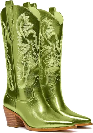 Women's Cowboy Boots Metallic Mid Calf Cowgirl Boots Wide Calf Western Embroidered Sparkly Paty Boots