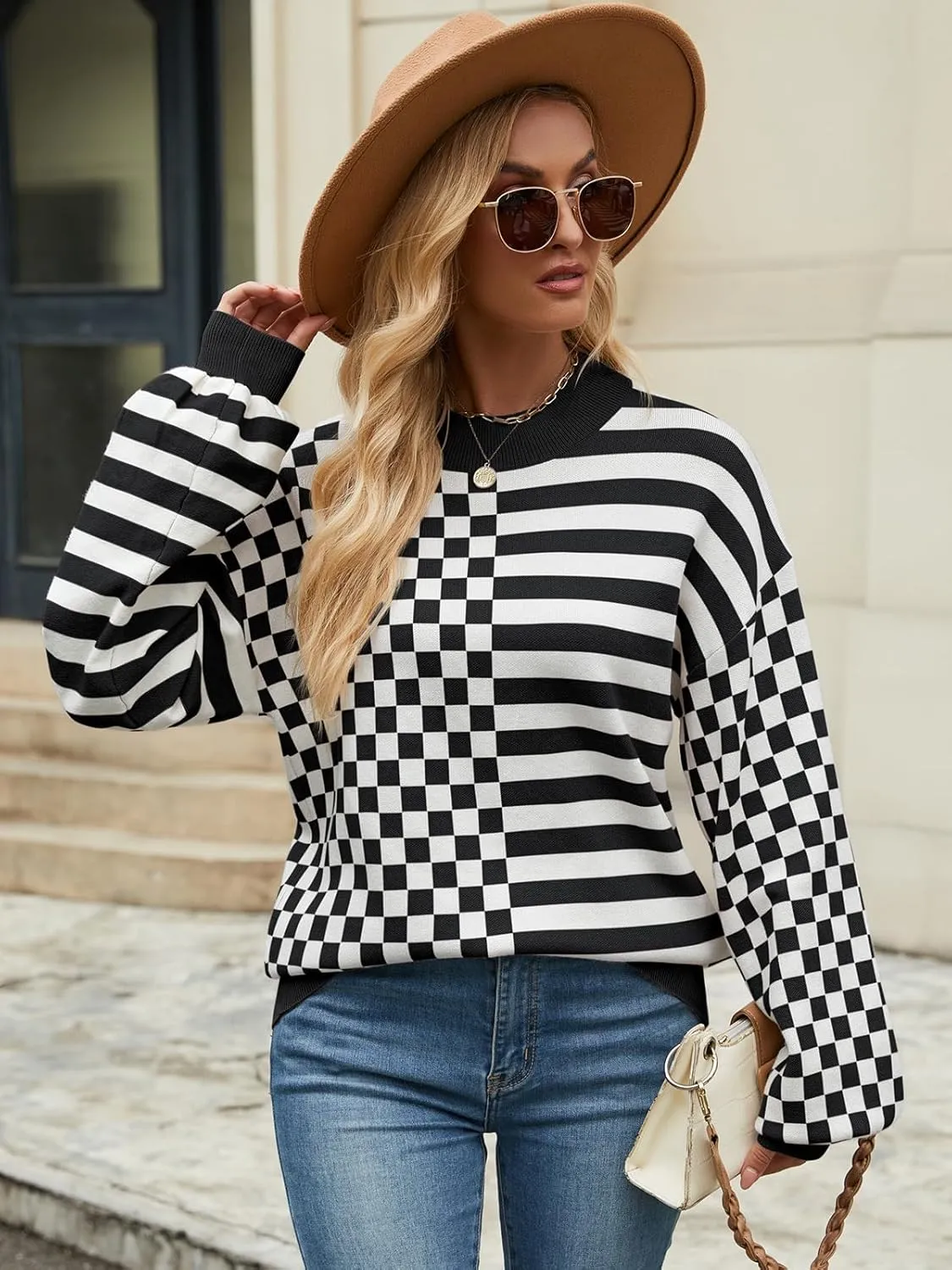 Women's Crewneck Lantern Long Sleeve Sweaters 2024 Oversized Ribbed Knit Pullover Jumper Tops