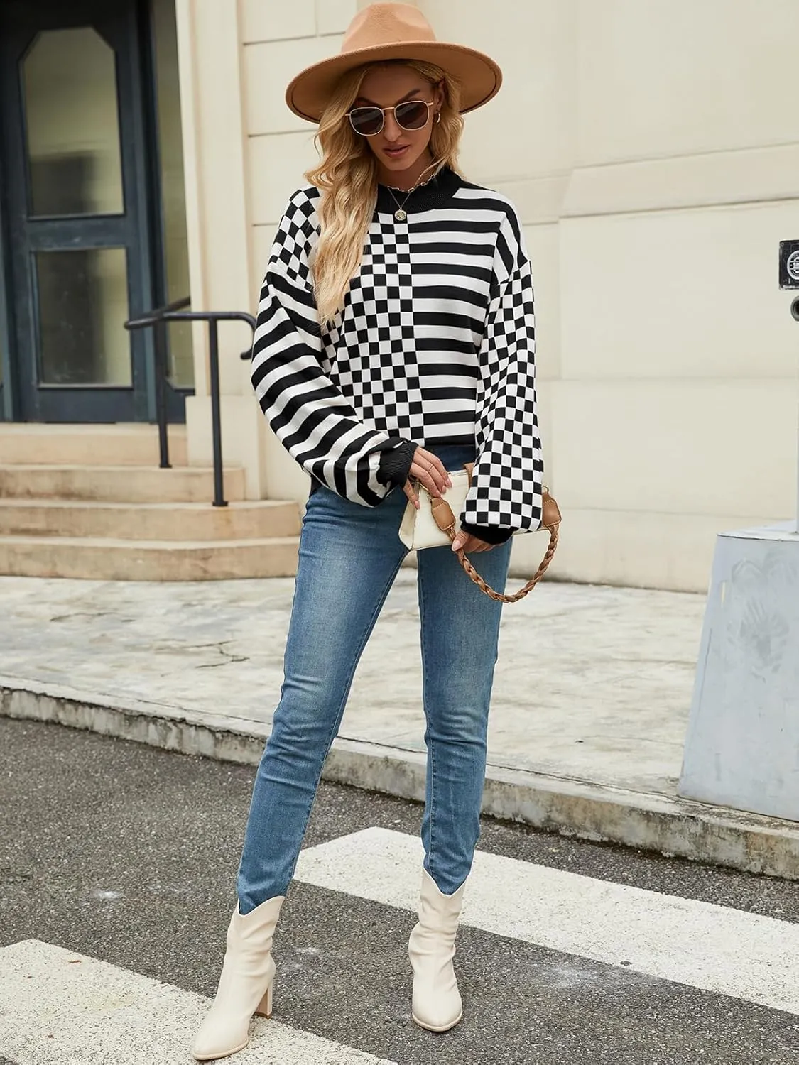 Women's Crewneck Lantern Long Sleeve Sweaters 2024 Oversized Ribbed Knit Pullover Jumper Tops