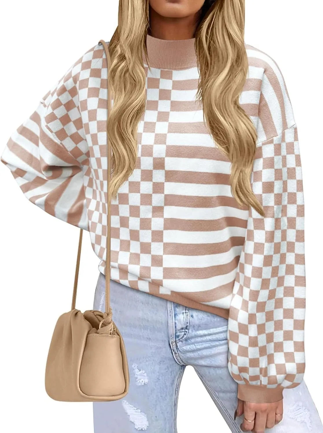 Women's Crewneck Lantern Long Sleeve Sweaters 2024 Oversized Ribbed Knit Pullover Jumper Tops