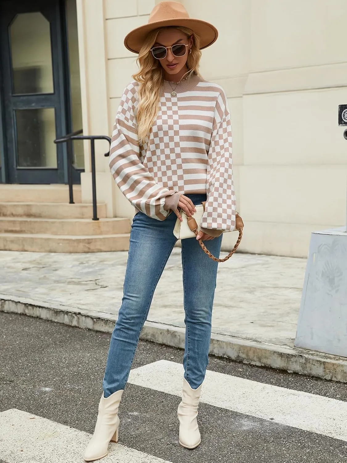Women's Crewneck Lantern Long Sleeve Sweaters 2024 Oversized Ribbed Knit Pullover Jumper Tops