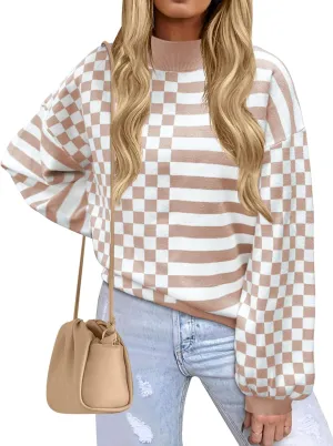 Women's Crewneck Lantern Long Sleeve Sweaters 2024 Oversized Ribbed Knit Pullover Jumper Tops