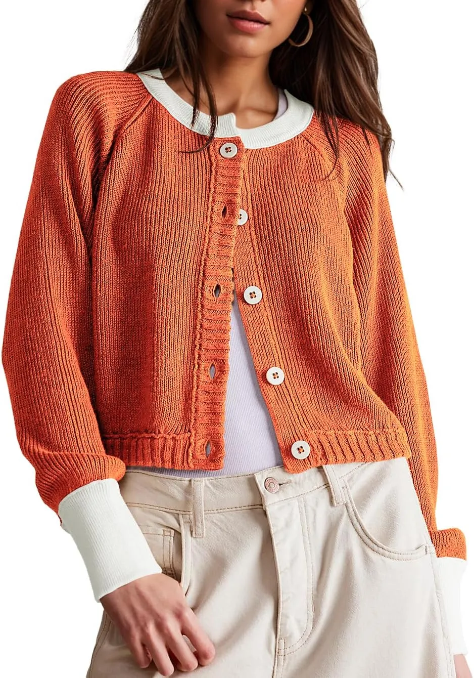Women's Cropped Cardigan Sweaters Fall Long Sleeve Open Front Cardigans Button Down Color Block Crewneck Knit Outwear Coats