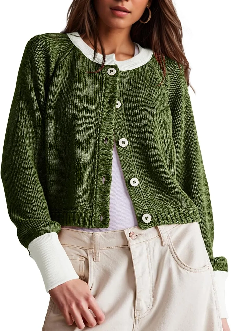 Women's Cropped Cardigan Sweaters Fall Long Sleeve Open Front Cardigans Button Down Color Block Crewneck Knit Outwear Coats