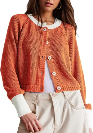 Women's Cropped Cardigan Sweaters Fall Long Sleeve Open Front Cardigans Button Down Color Block Crewneck Knit Outwear Coats