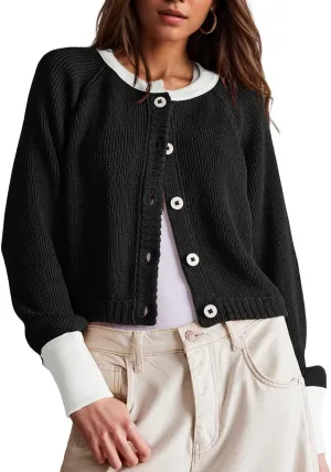 Women's Cropped Cardigan Sweaters Fall Long Sleeve Open Front Cardigans Button Down Color Block Crewneck Knit Outwear Coats