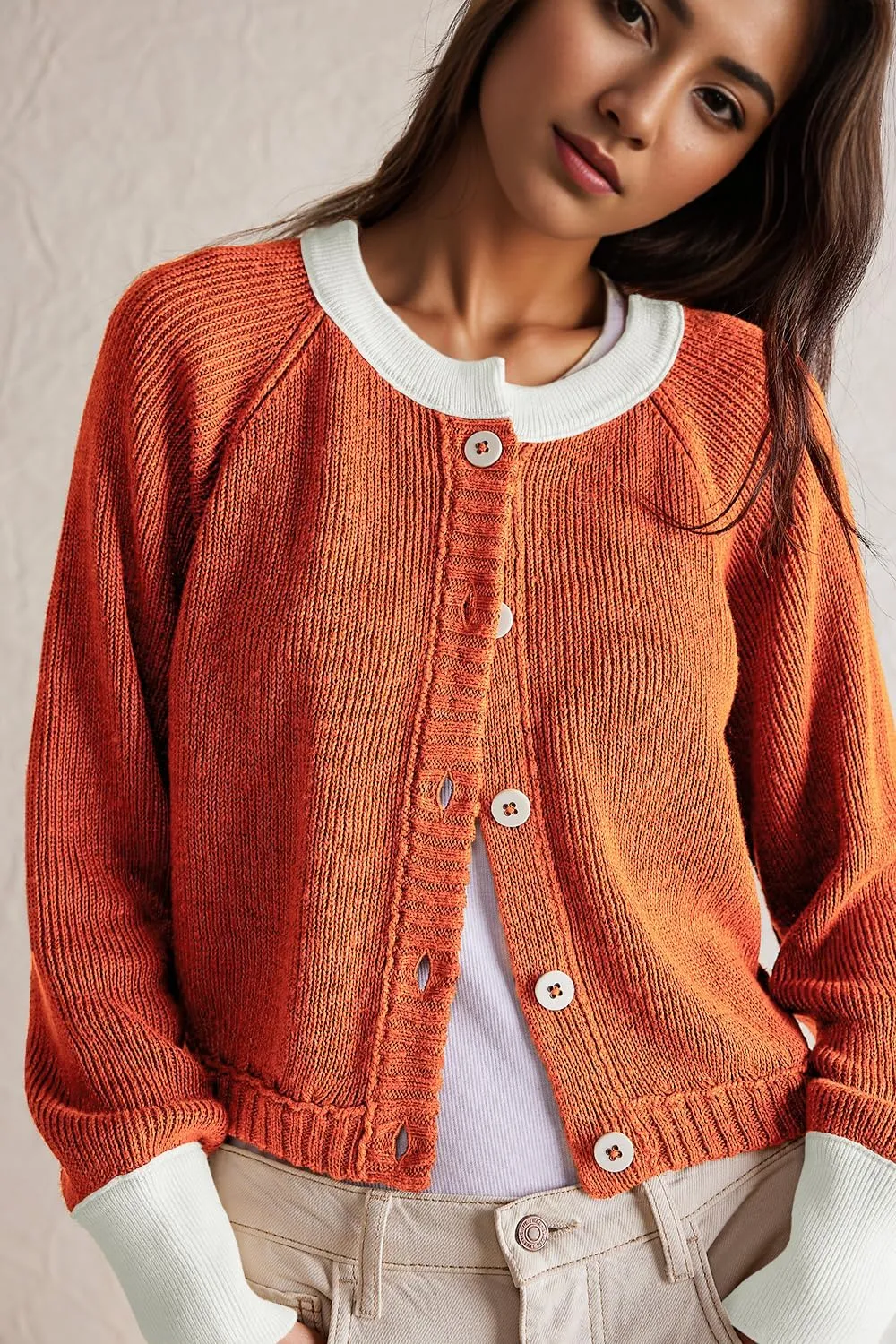 Women's Cropped Cardigan Sweaters Fall Long Sleeve Open Front Cardigans Button Down Color Block Crewneck Knit Outwear Coats