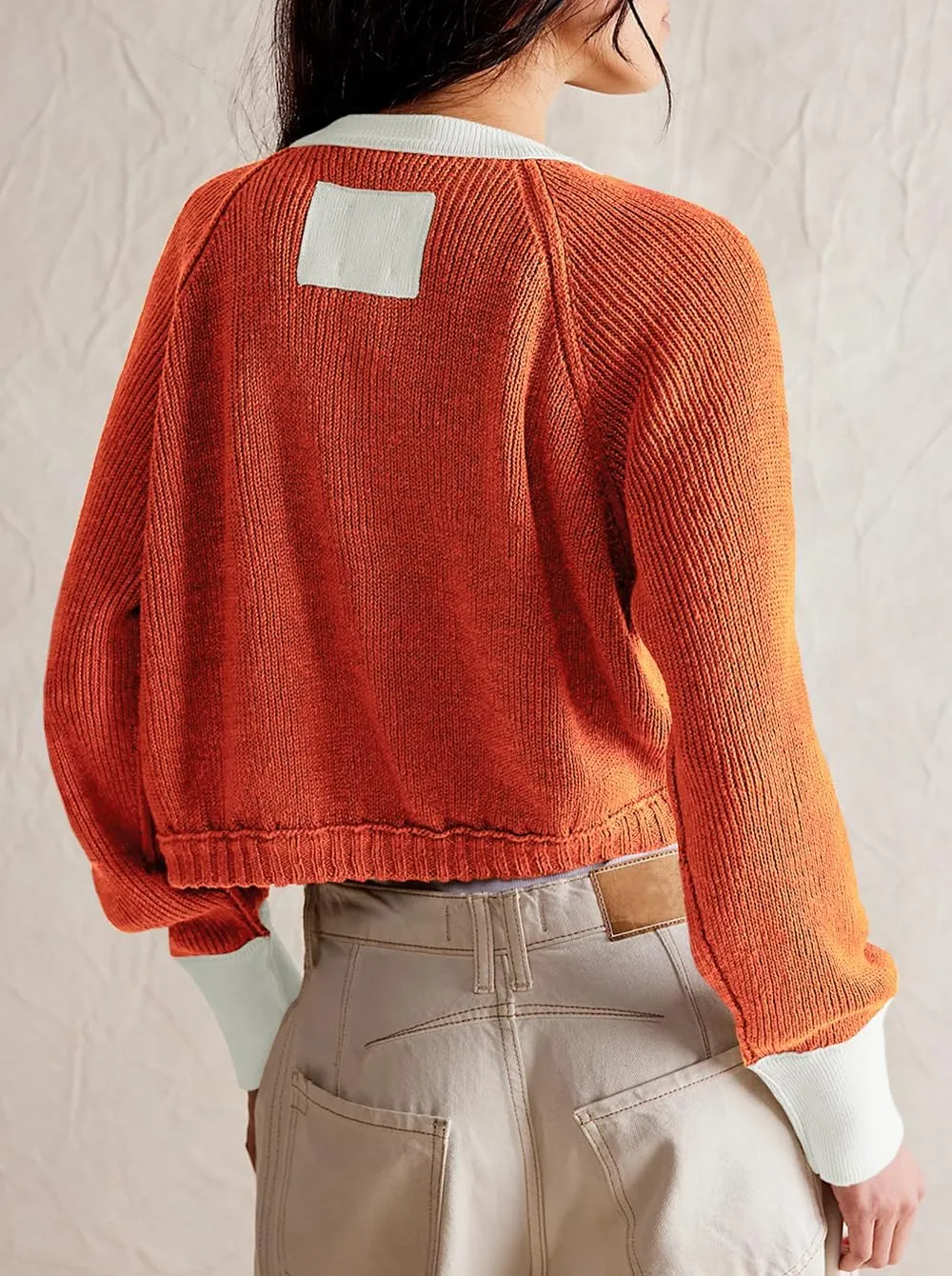 Women's Cropped Cardigan Sweaters Fall Long Sleeve Open Front Cardigans Button Down Color Block Crewneck Knit Outwear Coats