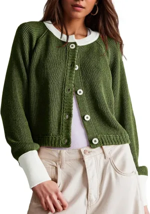 Women's Cropped Cardigan Sweaters Fall Long Sleeve Open Front Cardigans Button Down Color Block Crewneck Knit Outwear Coats
