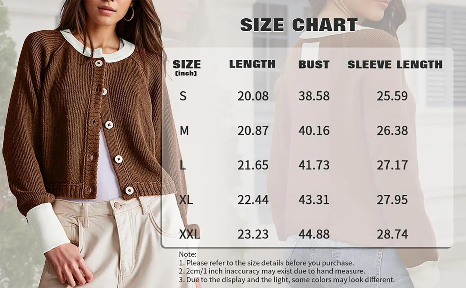 Women's Cropped Cardigan Sweaters Fall Long Sleeve Open Front Cardigans Button Down Color Block Crewneck Knit Outwear Coats