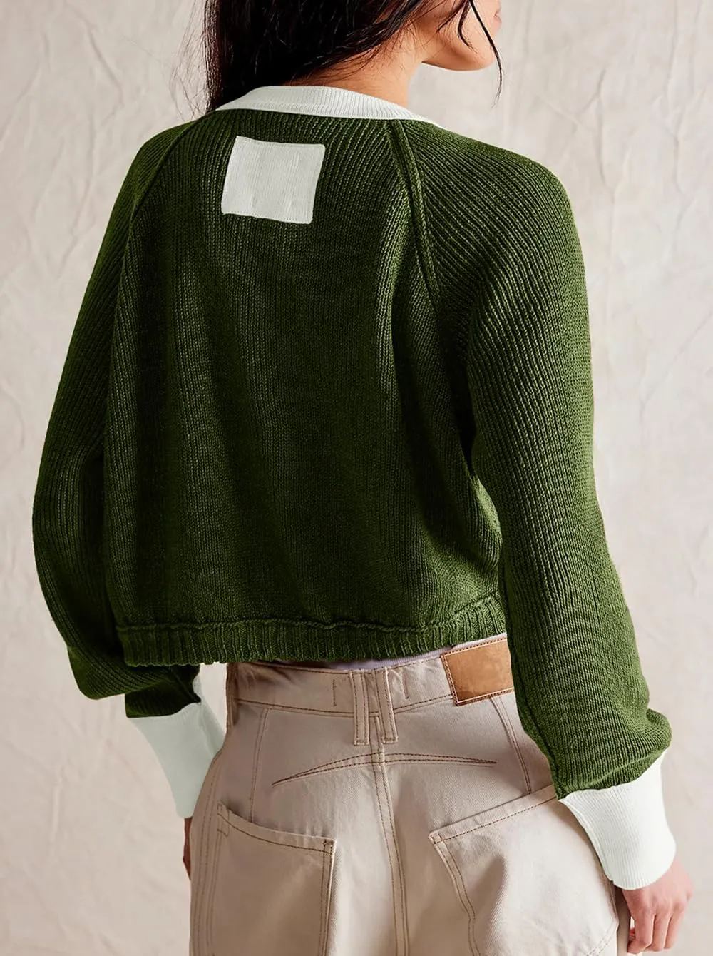 Women's Cropped Cardigan Sweaters Fall Long Sleeve Open Front Cardigans Button Down Color Block Crewneck Knit Outwear Coats