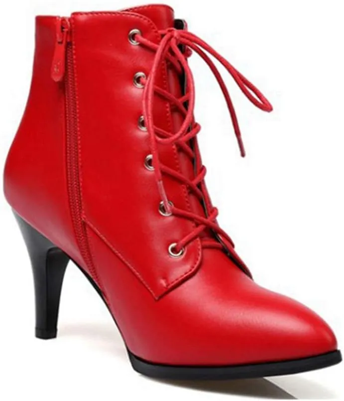 Women's Fashion Stiletto Kitten Heel Ankle Boots Pointy Toe Lace Up Zipper Booties Dress Short Boot