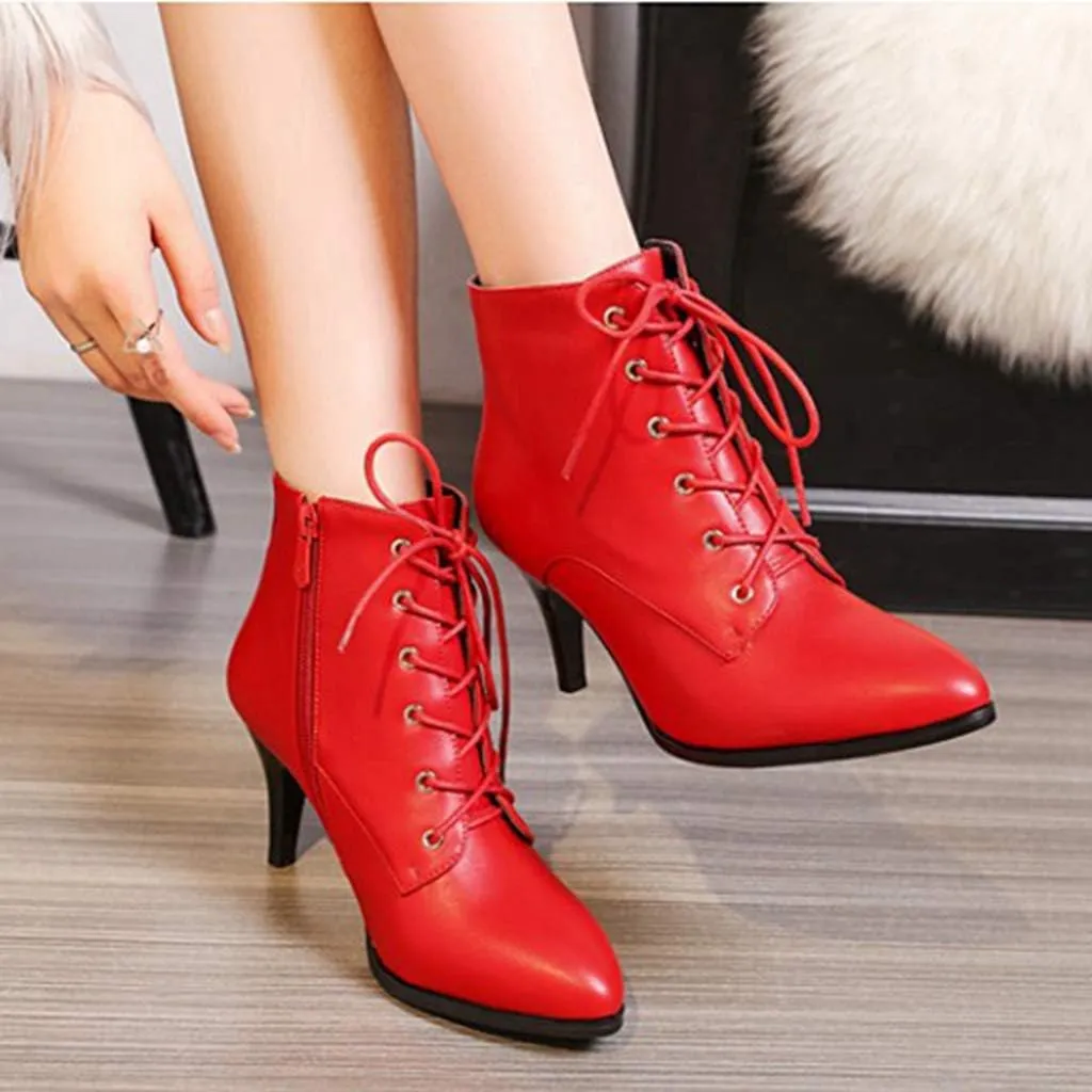Women's Fashion Stiletto Kitten Heel Ankle Boots Pointy Toe Lace Up Zipper Booties Dress Short Boot