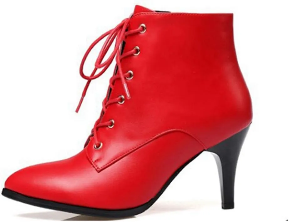 Women's Fashion Stiletto Kitten Heel Ankle Boots Pointy Toe Lace Up Zipper Booties Dress Short Boot