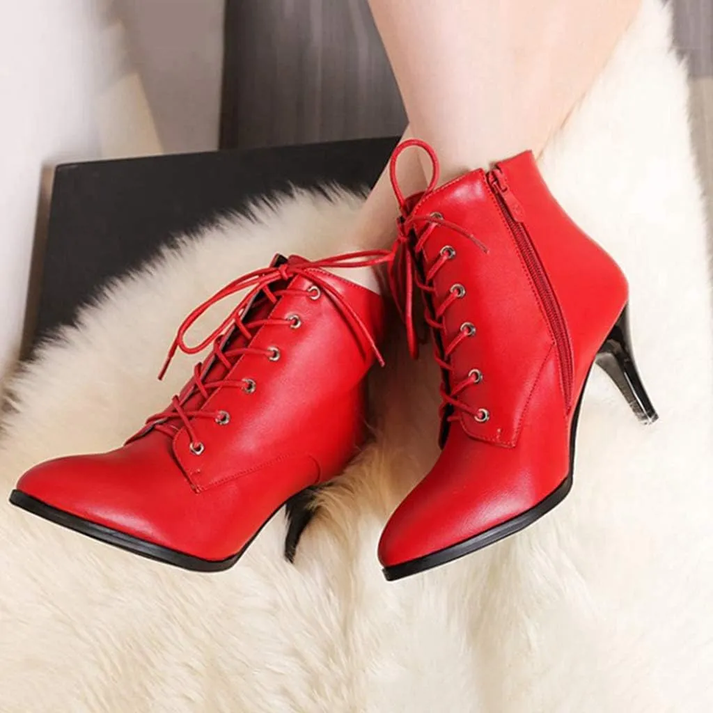 Women's Fashion Stiletto Kitten Heel Ankle Boots Pointy Toe Lace Up Zipper Booties Dress Short Boot