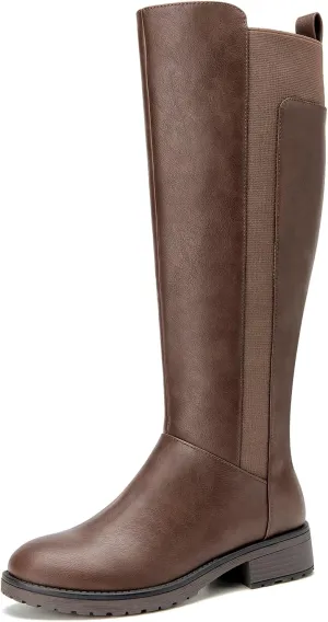 Women's Flat Low Heel Knee High Boot Fashion Extra Wide Calf Boots Side Zip Stretch Winter Booties