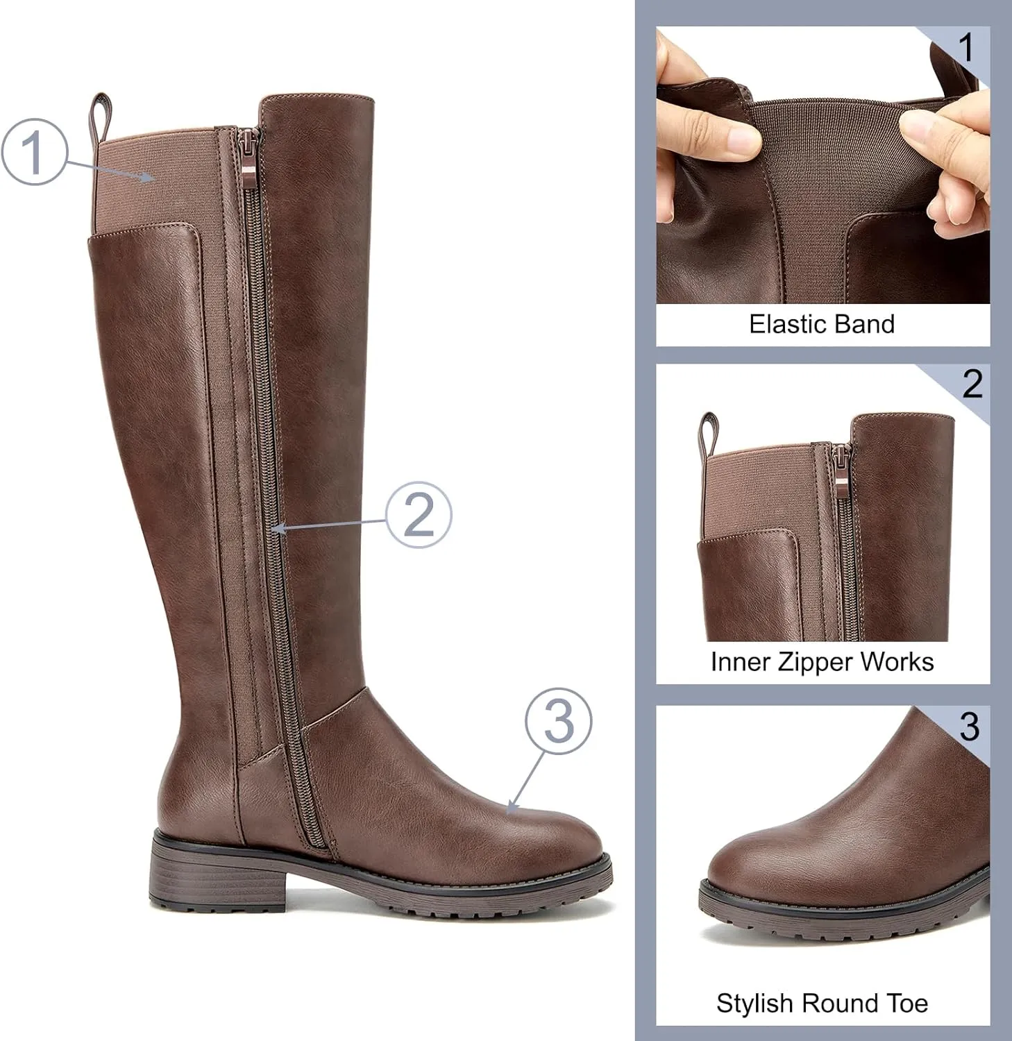 Women's Flat Low Heel Knee High Boot Fashion Extra Wide Calf Boots Side Zip Stretch Winter Booties