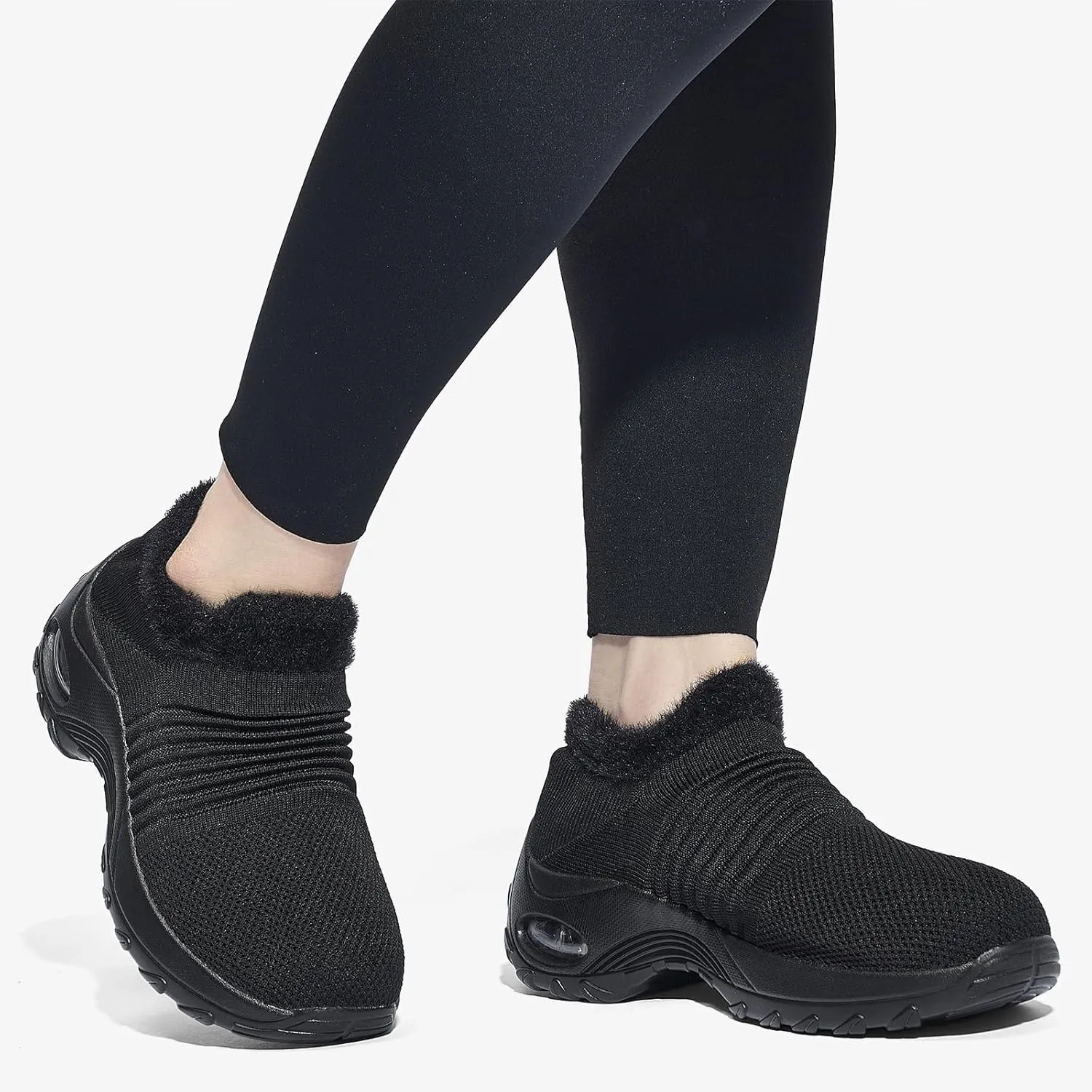 Women's Fleece Walking Shoes, Winter Warm Sock Sneakers, Pull On Mesh Air Cushion Platform