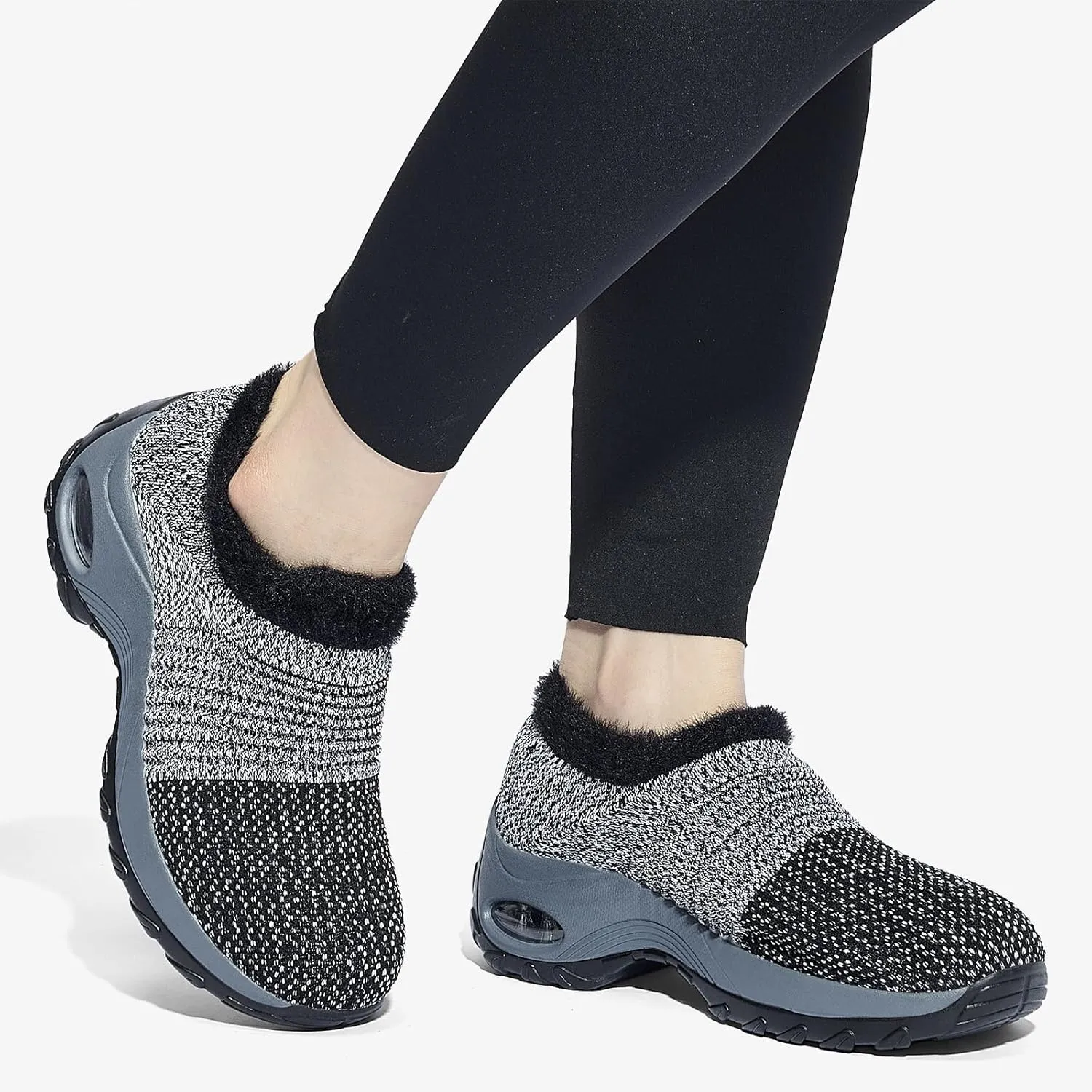 Women's Fleece Walking Shoes, Winter Warm Sock Sneakers, Pull On Mesh Air Cushion Platform