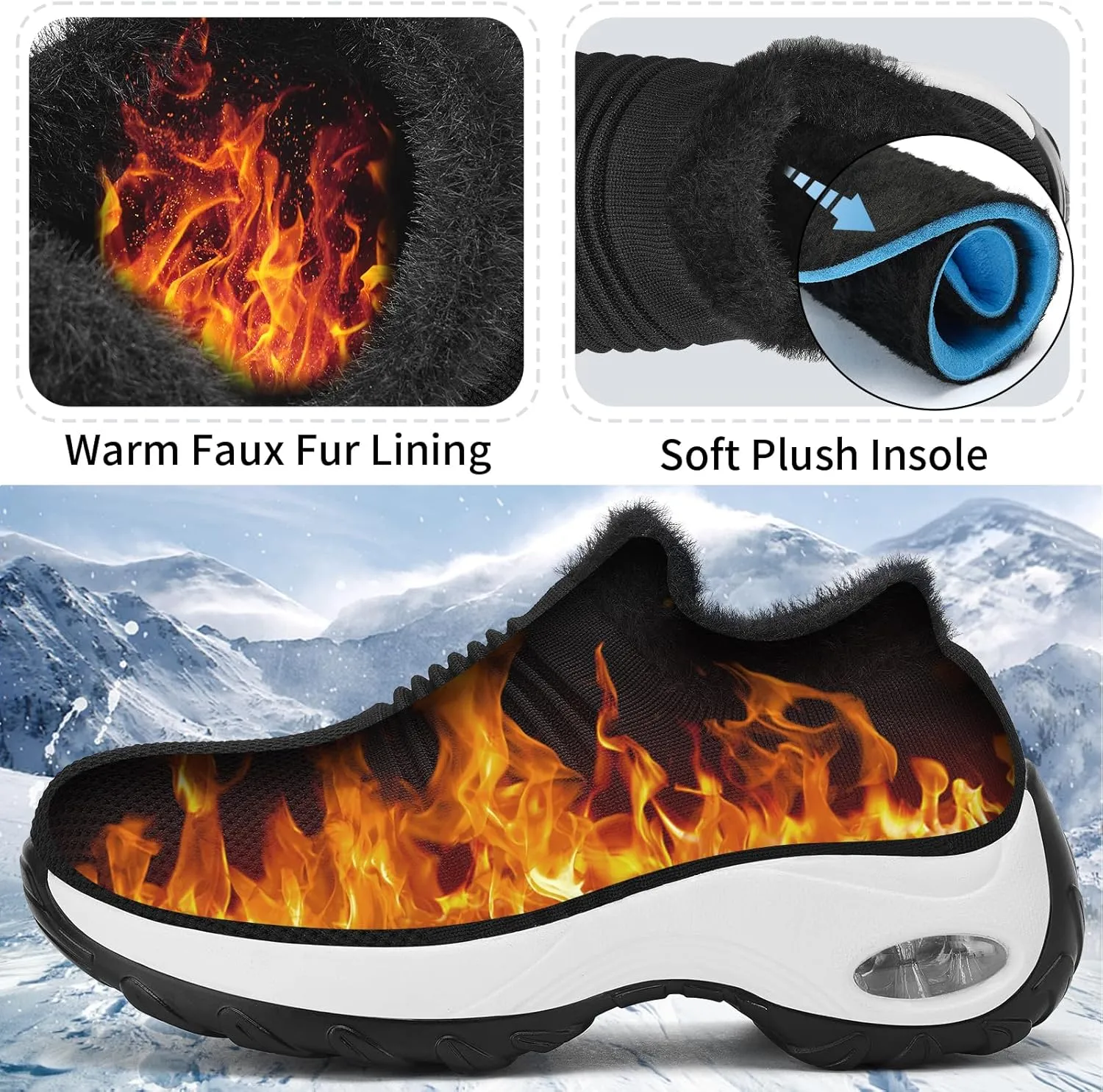 Women's Fleece Walking Shoes, Winter Warm Sock Sneakers, Pull On Mesh Air Cushion Platform