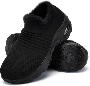 Women's Fleece Walking Shoes, Winter Warm Sock Sneakers, Pull On Mesh Air Cushion Platform