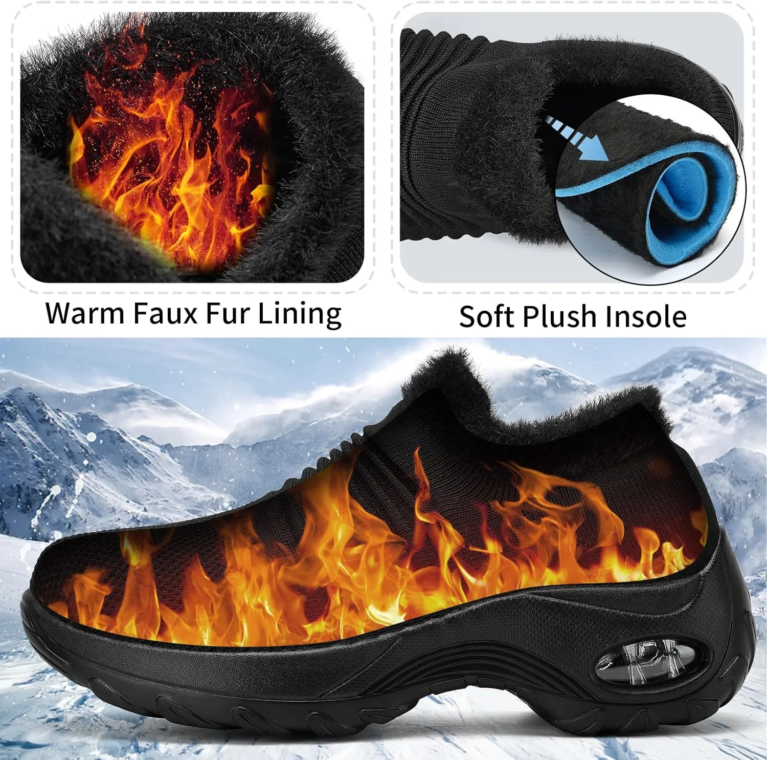 Women's Fleece Walking Shoes, Winter Warm Sock Sneakers, Pull On Mesh Air Cushion Platform