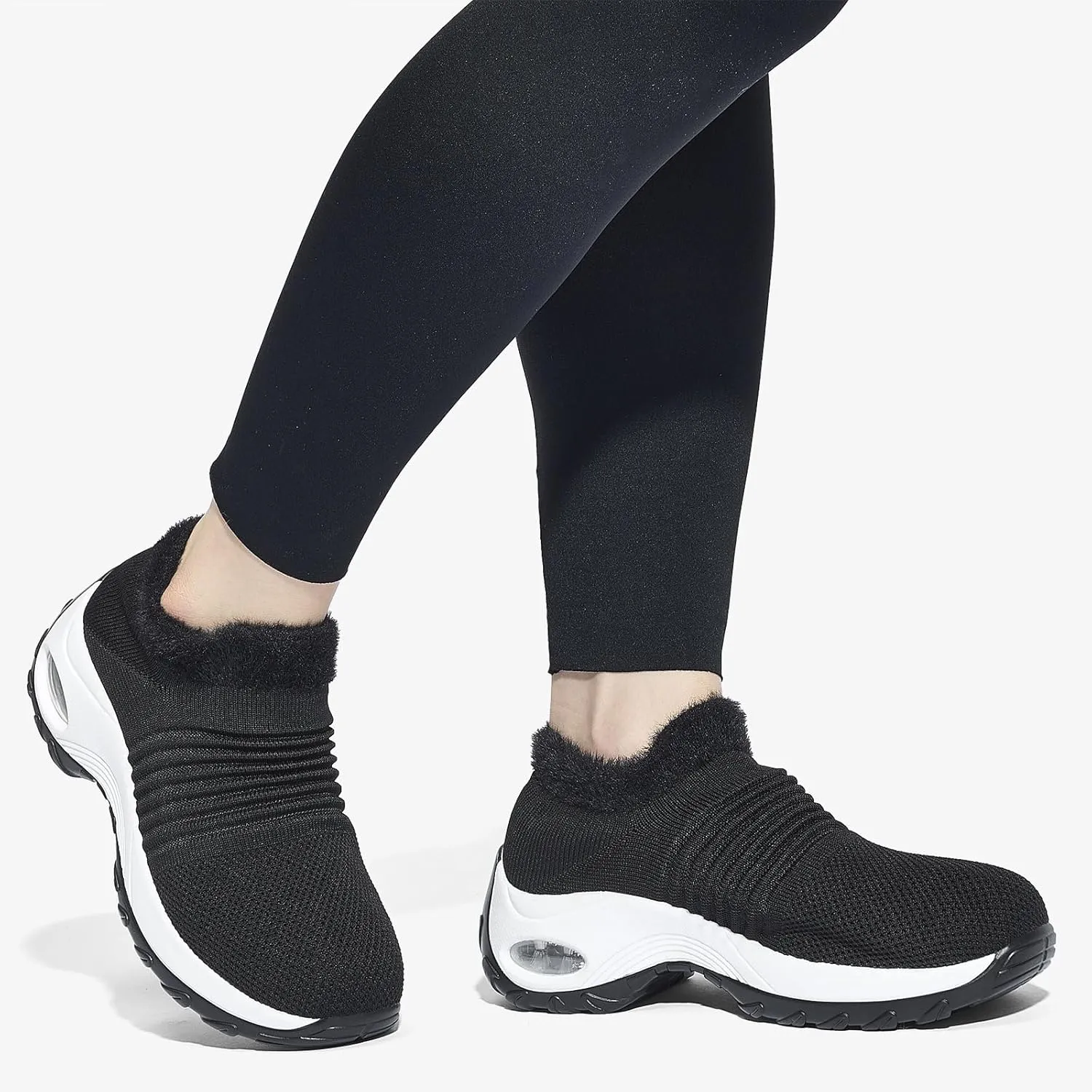 Women's Fleece Walking Shoes, Winter Warm Sock Sneakers, Pull On Mesh Air Cushion Platform