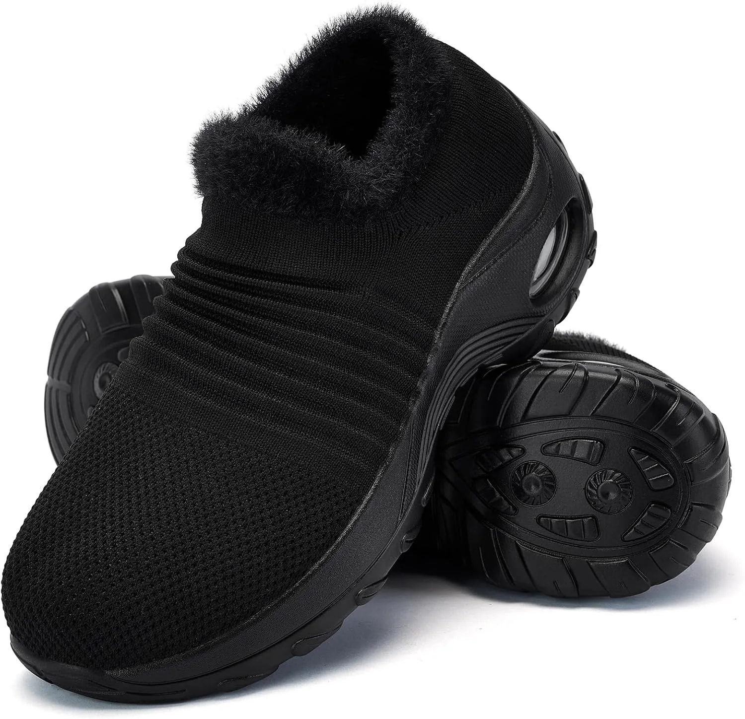 Women's Fleece Walking Shoes, Winter Warm Sock Sneakers, Pull On Mesh Air Cushion Platform