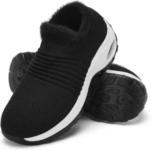 Women's Fleece Walking Shoes, Winter Warm Sock Sneakers, Pull On Mesh Air Cushion Platform