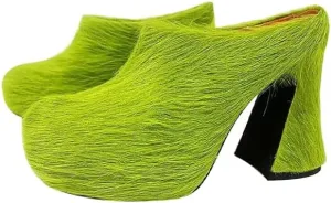 Women's Fuzzy Thick-Soled Mule Heels Closed Round Toe Block Heel Slides Fur Mules for Women Slip on Fur Pumps
