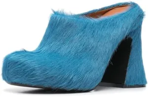 Women's Fuzzy Thick-Soled Mule Heels Closed Round Toe Block Heel Slides Fur Mules for Women Slip on Fur Pumps