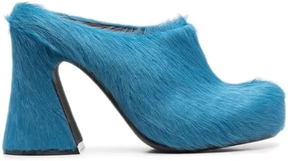 Women's Fuzzy Thick-Soled Mule Heels Closed Round Toe Block Heel Slides Fur Mules for Women Slip on Fur Pumps