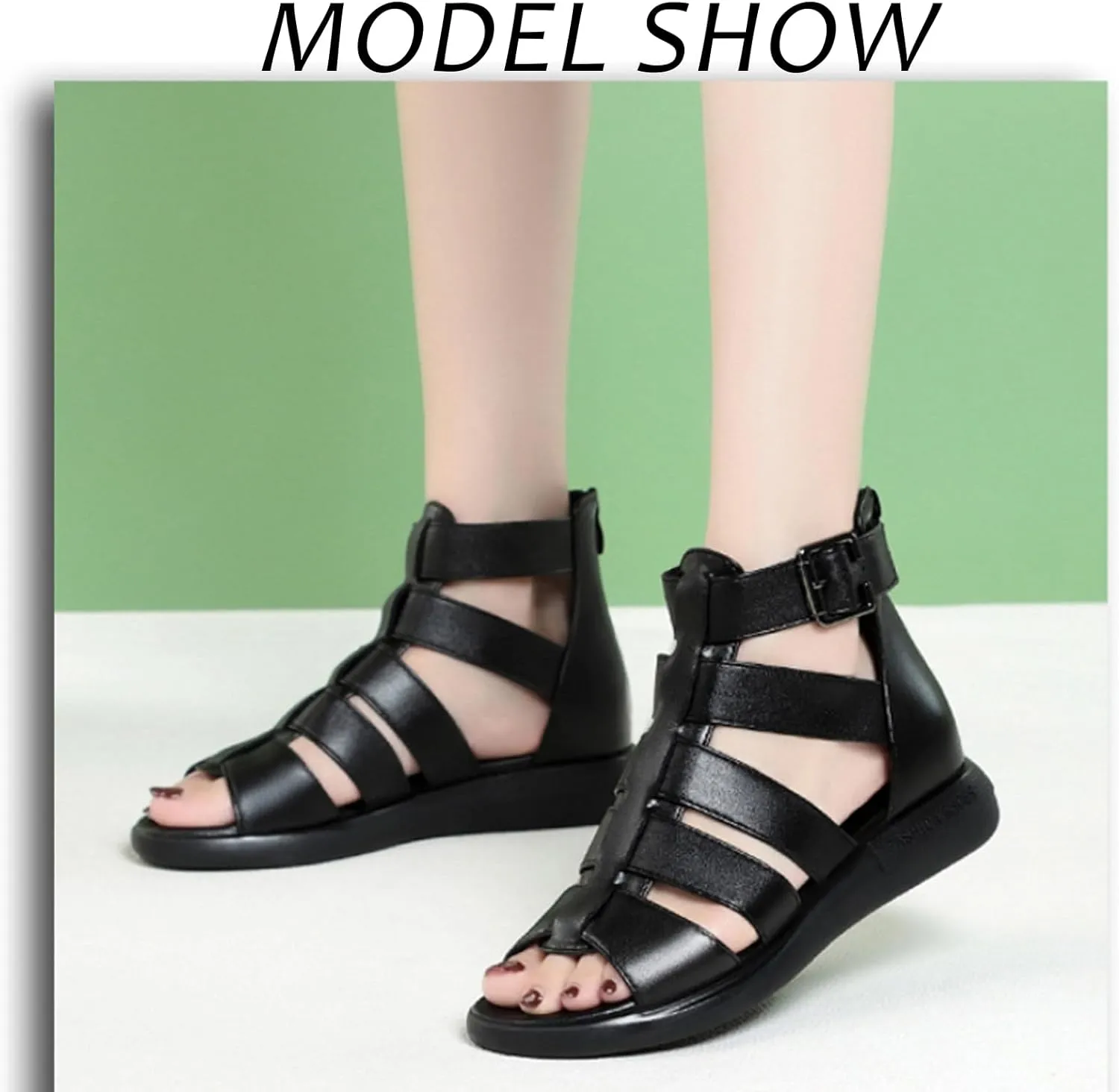 Women'S Genuine Leather High-Top Gladiator Sandals Summer Fish Mouth Flat Bottom Non-Slip Adjustable Buckle Fisherman Sandals Hollow Soft Bottom Roman Sandals