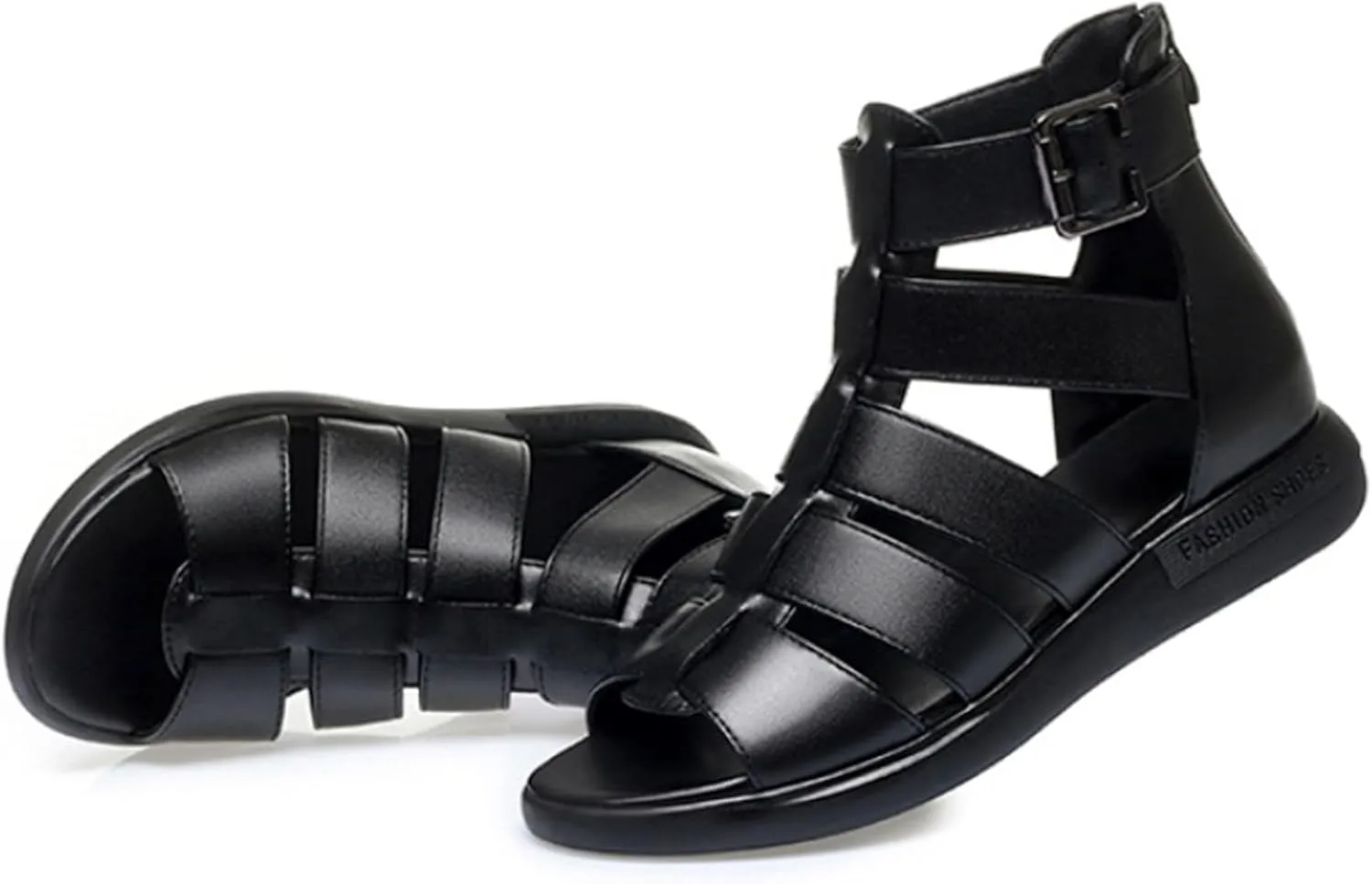 Women'S Genuine Leather High-Top Gladiator Sandals Summer Fish Mouth Flat Bottom Non-Slip Adjustable Buckle Fisherman Sandals Hollow Soft Bottom Roman Sandals