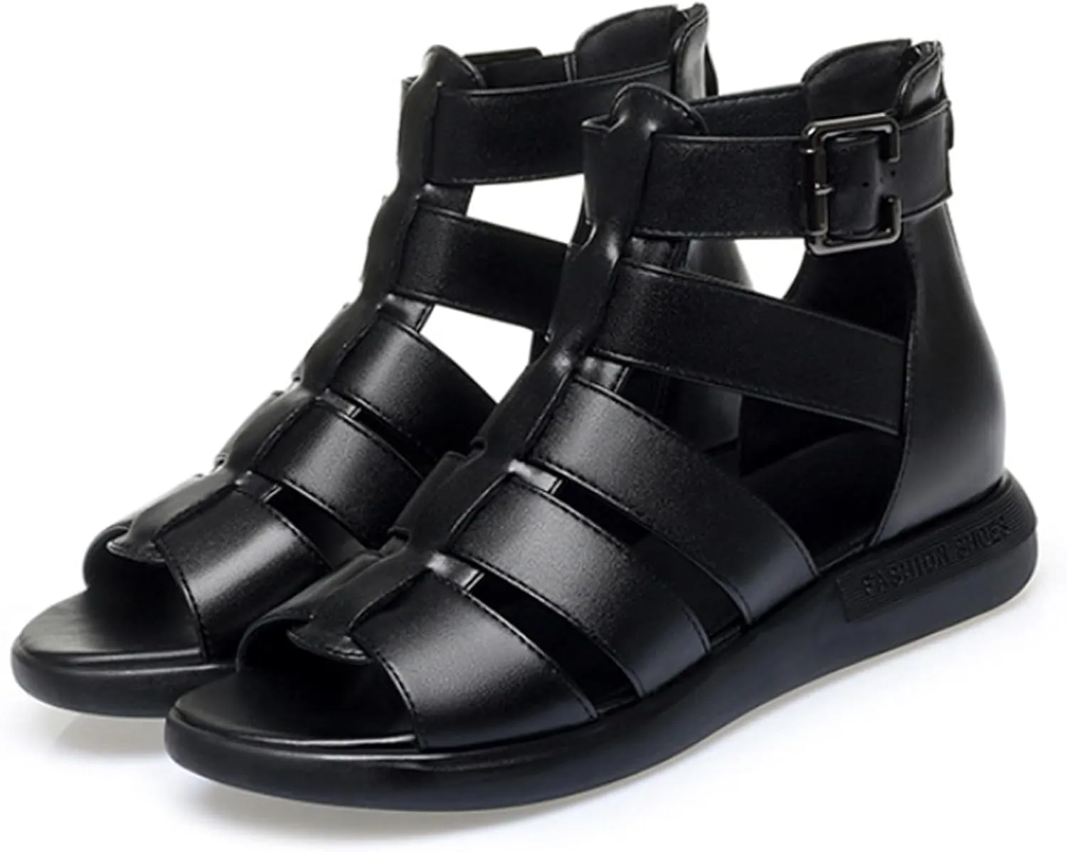 Women'S Genuine Leather High-Top Gladiator Sandals Summer Fish Mouth Flat Bottom Non-Slip Adjustable Buckle Fisherman Sandals Hollow Soft Bottom Roman Sandals