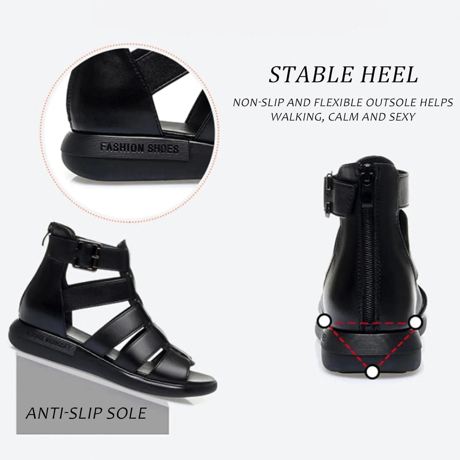 Women'S Genuine Leather High-Top Gladiator Sandals Summer Fish Mouth Flat Bottom Non-Slip Adjustable Buckle Fisherman Sandals Hollow Soft Bottom Roman Sandals