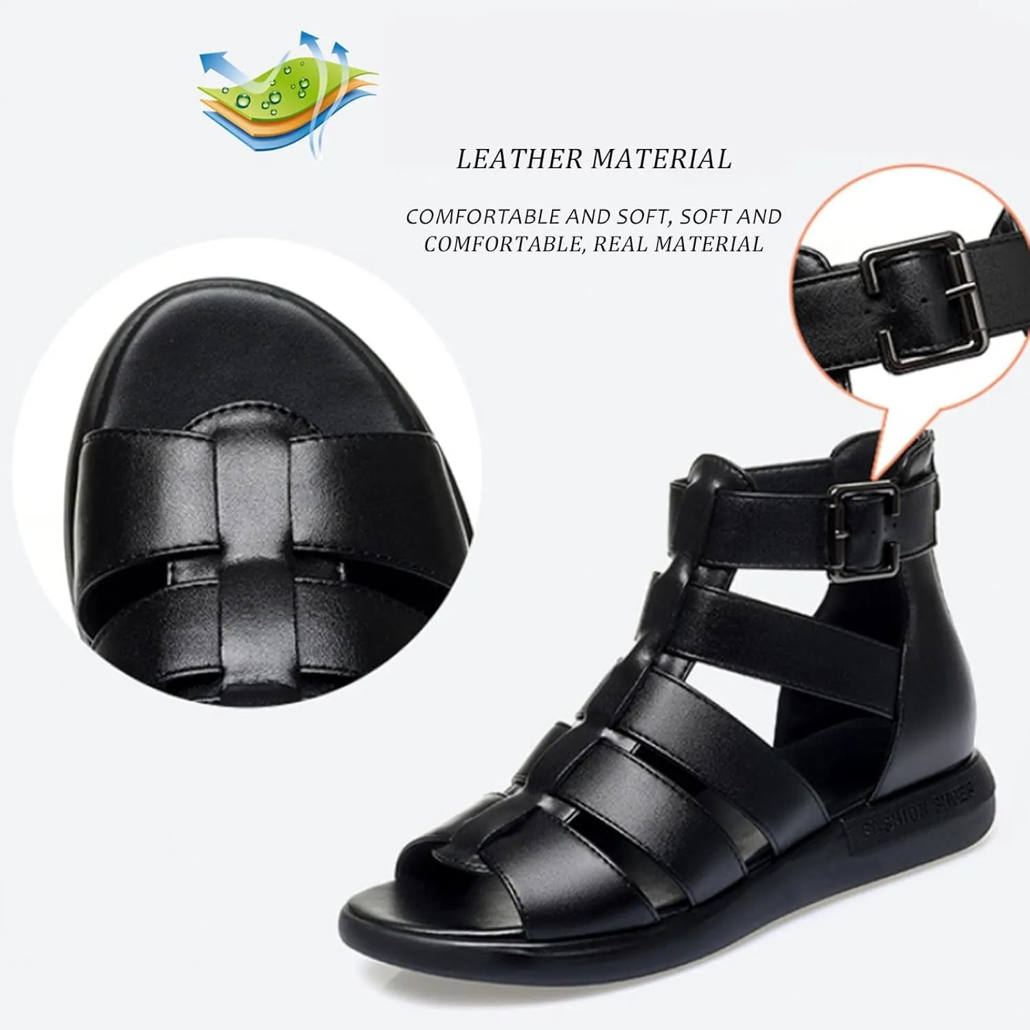 Women'S Genuine Leather High-Top Gladiator Sandals Summer Fish Mouth Flat Bottom Non-Slip Adjustable Buckle Fisherman Sandals Hollow Soft Bottom Roman Sandals