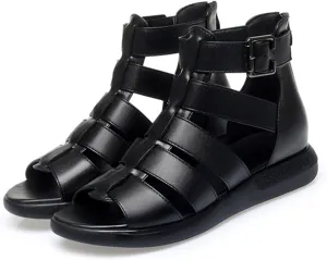 Women'S Genuine Leather High-Top Gladiator Sandals Summer Fish Mouth Flat Bottom Non-Slip Adjustable Buckle Fisherman Sandals Hollow Soft Bottom Roman Sandals