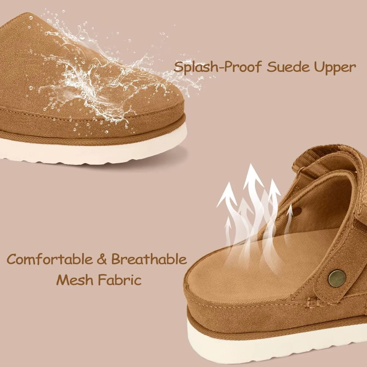 Women's Genuine Suede Platform Clogs with Adjustable Strap Comfy Memory Foam Arch Support Mules & Clogs Goldenstar Slippers for Women Indoor Outdoor