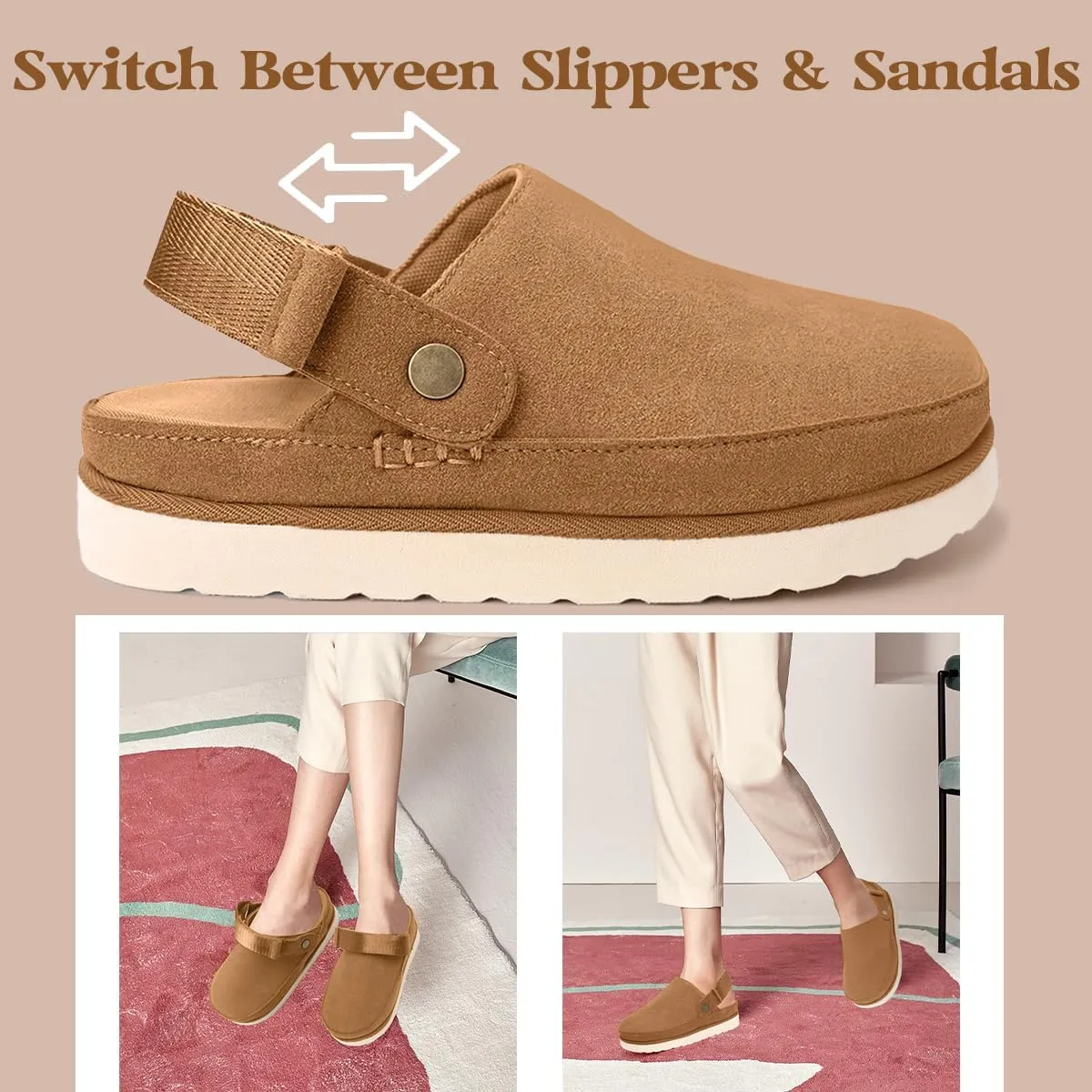 Women's Genuine Suede Platform Clogs with Adjustable Strap Comfy Memory Foam Arch Support Mules & Clogs Goldenstar Slippers for Women Indoor Outdoor