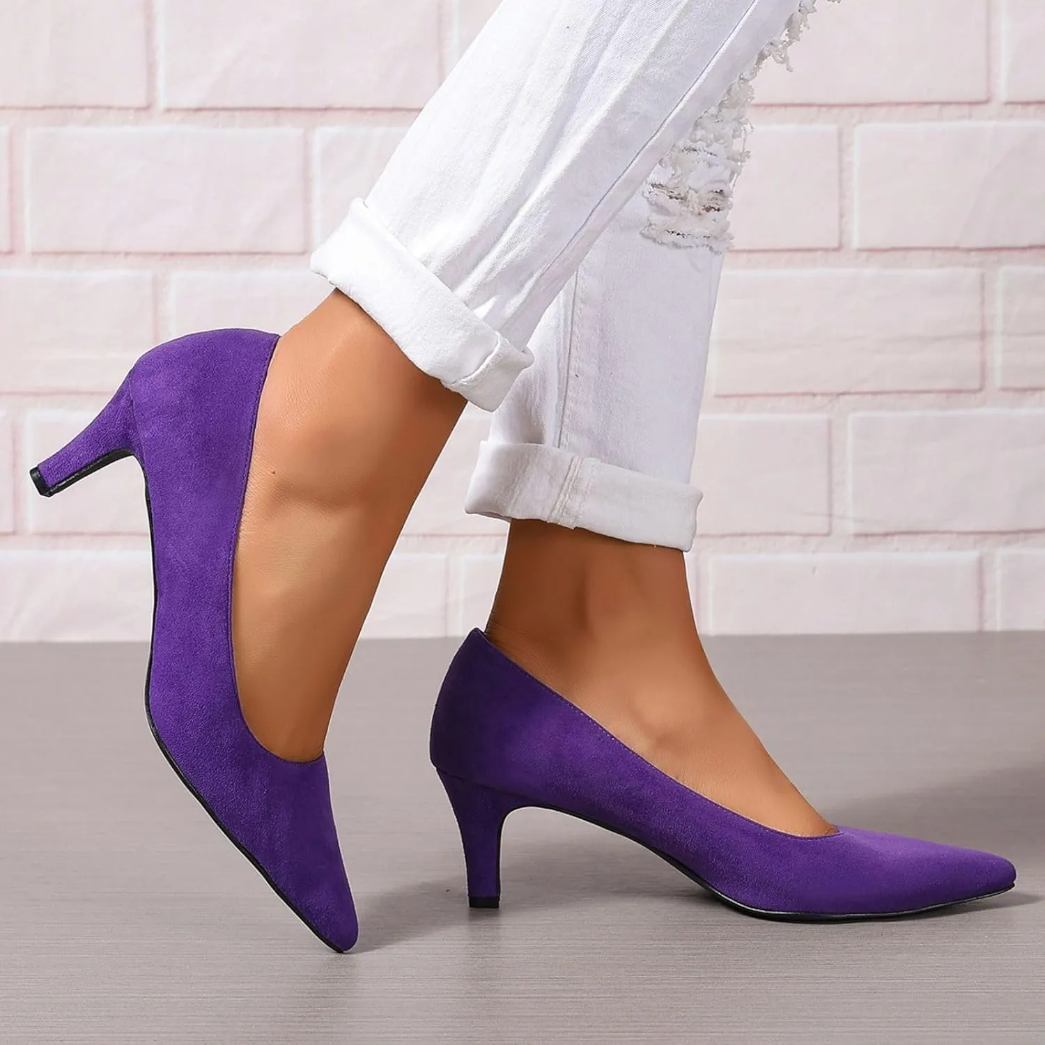 Women's Kitten Heels Dress Shoes Pointed Toe Suede Pumps Mid Heel Comfortable Slip On Party Dress Shoes