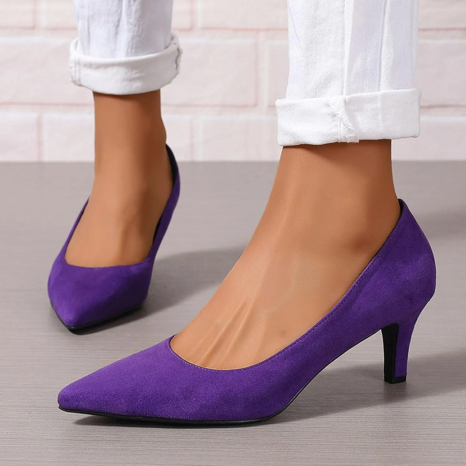 Women's Kitten Heels Dress Shoes Pointed Toe Suede Pumps Mid Heel Comfortable Slip On Party Dress Shoes