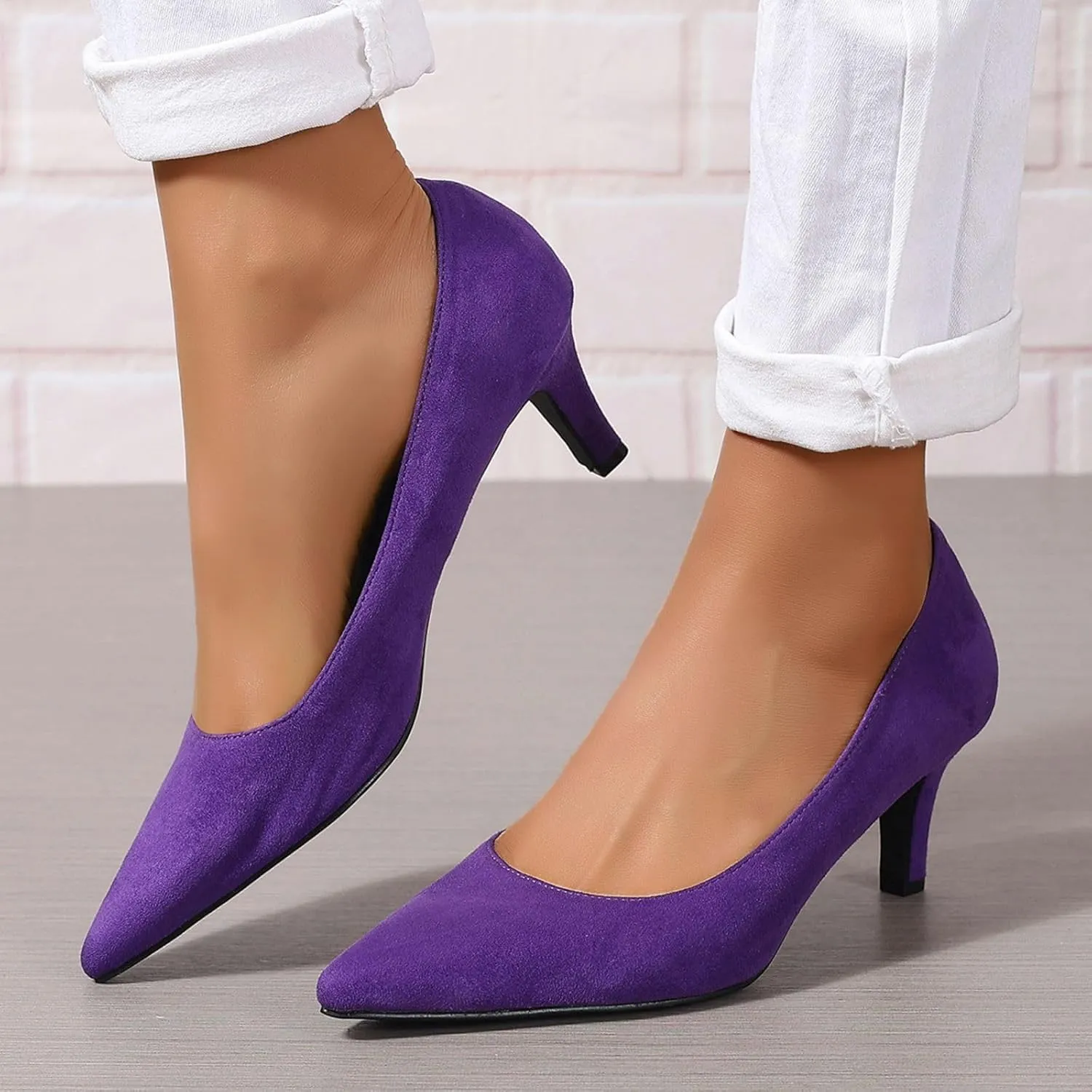 Women's Kitten Heels Dress Shoes Pointed Toe Suede Pumps Mid Heel Comfortable Slip On Party Dress Shoes