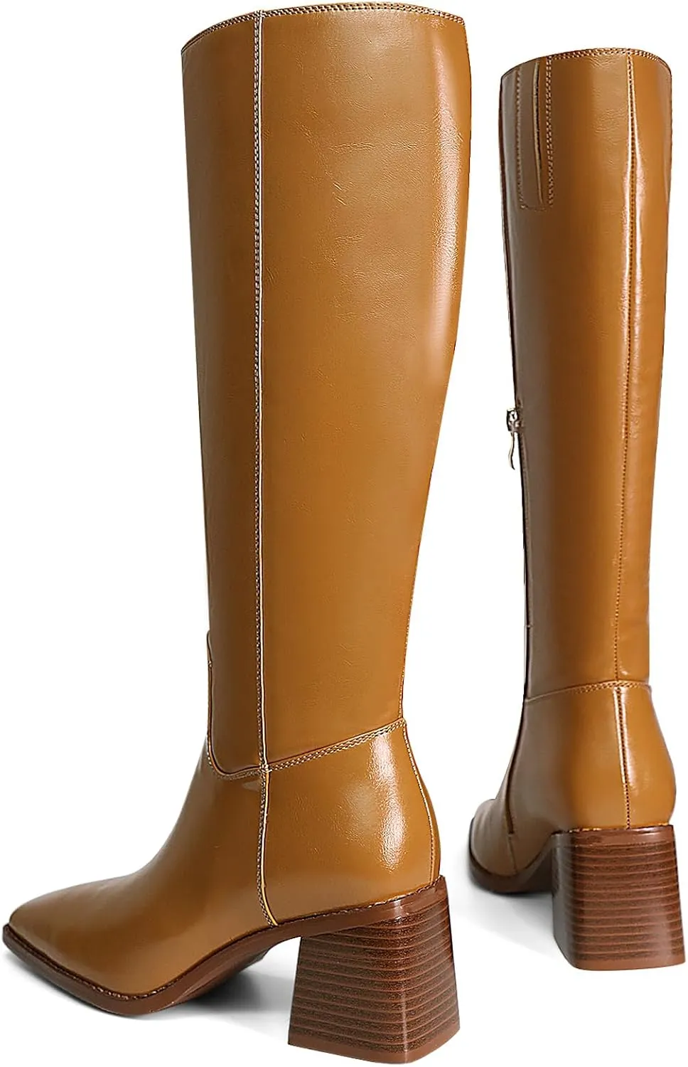 Women's Knee High Boots Chunky Heel Square Toe Tall Boots High Block Heel Side Zipper Fashion Long Boots
