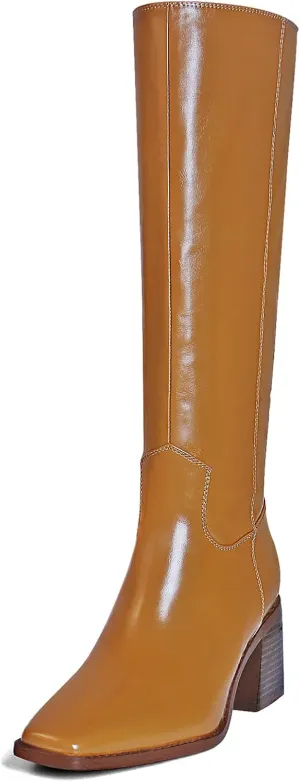 Women's Knee High Boots Chunky Heel Square Toe Tall Boots High Block Heel Side Zipper Fashion Long Boots