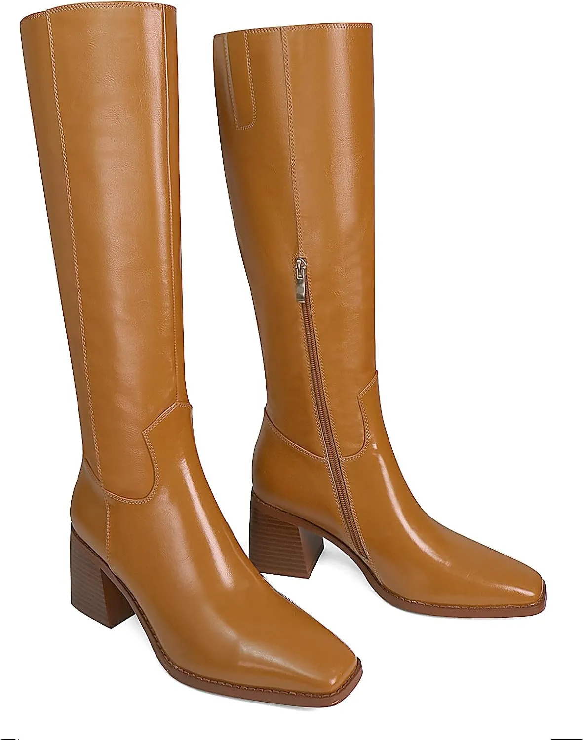 Women's Knee High Boots Chunky Heel Square Toe Tall Boots High Block Heel Side Zipper Fashion Long Boots