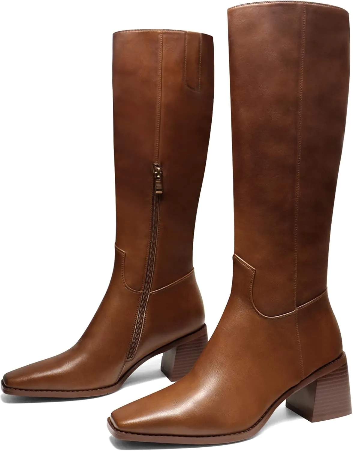 Women's Knee High Boots Chunky Heel Square Toe Tall Boots High Block Heel Side Zipper Fashion Long Boots
